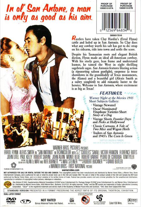 Screenshot from the Western movie San Antonio DVD starring Errol Flynn and Alexis Smith, showing a scene with cowboys.