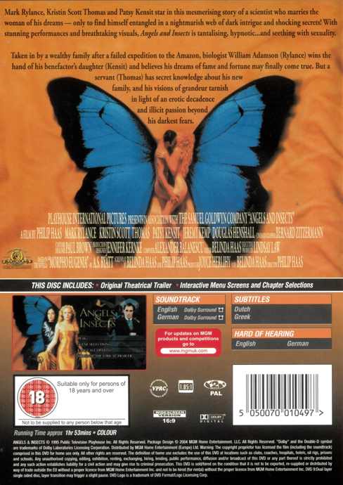 DVD cover of "Angels and Insects" drama movie featuring actors Mark Rylance and Kristin Scott Thomas, from FilmClassics on DVD.