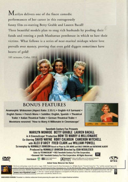DVD cover of the comedy-romance film "How To Marry A Millionaire" starring Marilyn Monroe, from FilmClassicsOnDVD.