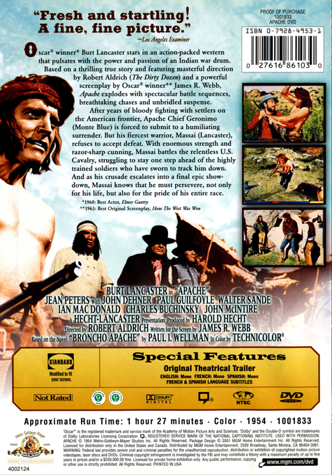 Screenshot from the Apache DVD featuring Burt Lancaster and Jean Peters in an action movie from FilmClassicsOnDVD.
