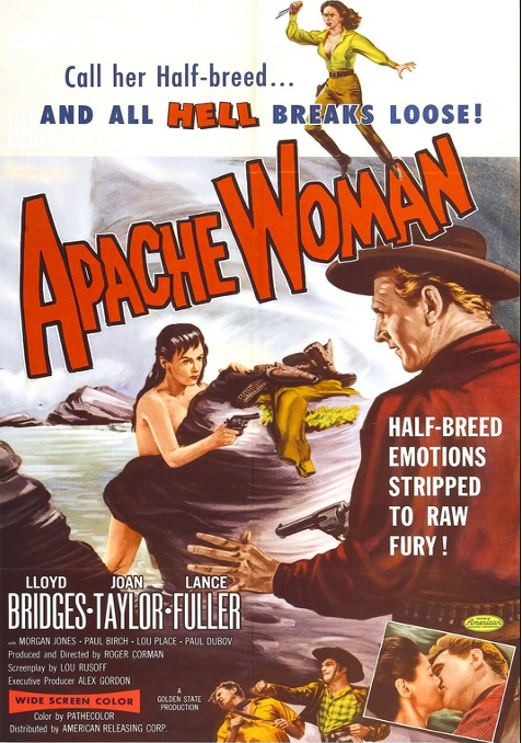 Screenshot from the Western movie Apache Woman featuring Lloyd Bridges and Joan Taylor on a DVD cover.