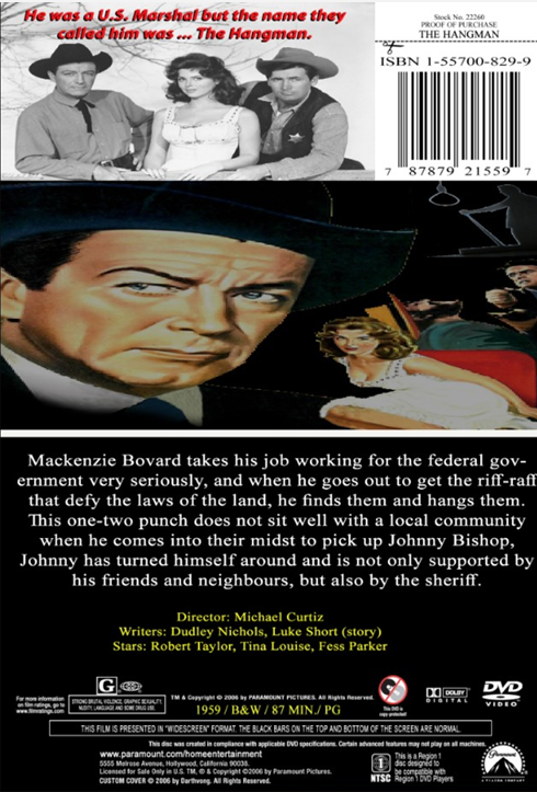 DVD cover of "The Hangman" drama featuring Robert Taylor and Tina Louise, from FilmClassicsonDVD.