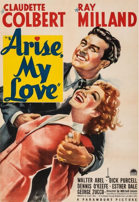 Screenshot from the comedy movie "Arise My Love" on DVD featuring Claudette Colbert and Ray Milland in a scene.