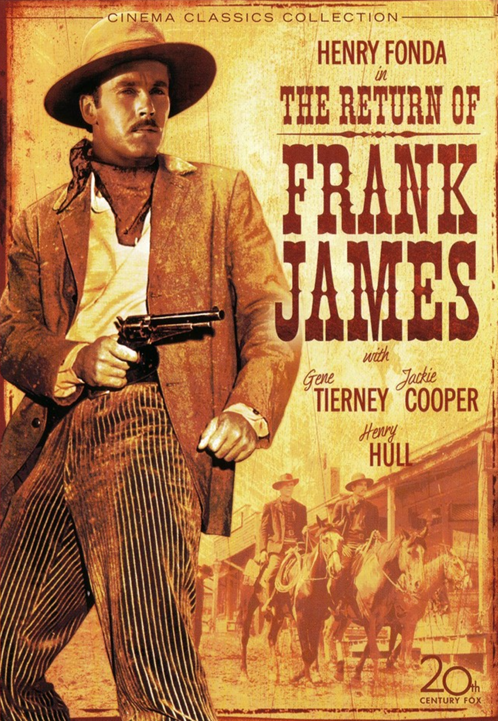 Screenshot from The Return of Frank James DVD featuring Henry Fonda and Gene Tierney in a Western movie scene.