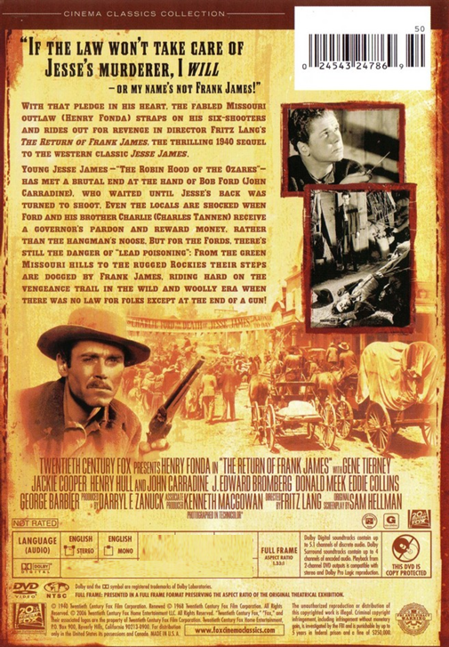 DVD cover of "The Return of Frank James" western movie featuring Henry Fonda and Gene Tierney.