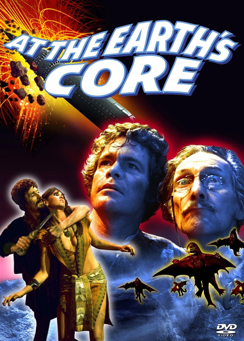 Screenshot from the adventure movie At the Earth's Core DVD featuring Doug McClure and Peter Cushing in a jungle setting.