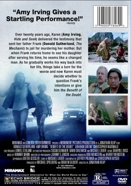 DVD cover of "Benefit of the Doubt" thriller starring Donald Sutherland and Amy Irving, from FilmClassicsOnDVD.