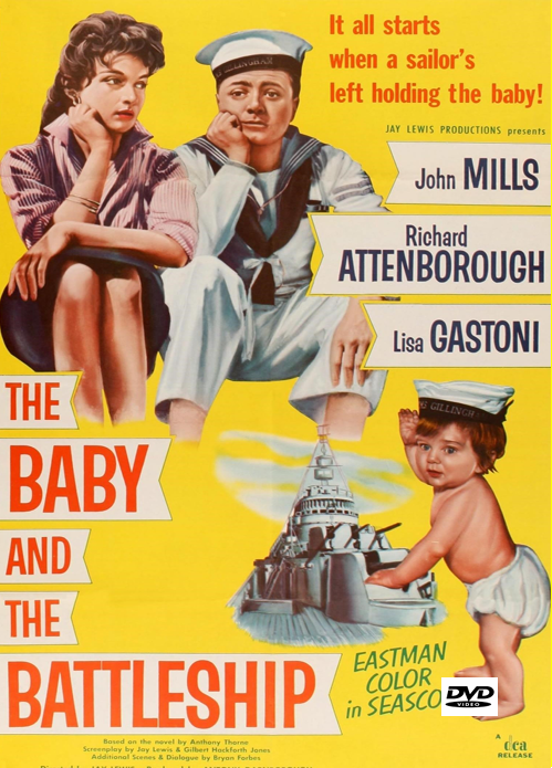 DVD cover for "The Baby and the Battleship" comedy movie featuring John Mills and Richard Attenborough, with actors and film title visible.