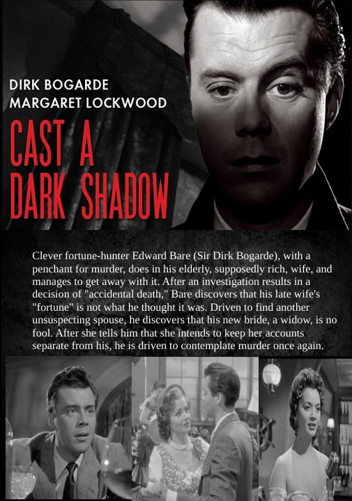 Screenshot from the crime DVD "Cast a Dark Shadow" featuring Dirk Bogarde and Margaret Lockwood, released by FilmClassics onDVD.