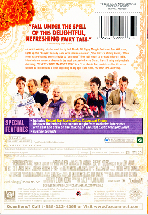 DVD cover of The Best Exotic Marigold Hotel comedy film featuring Judi Dench and Bill Nighy, from FilmClassicsOnDVD.
