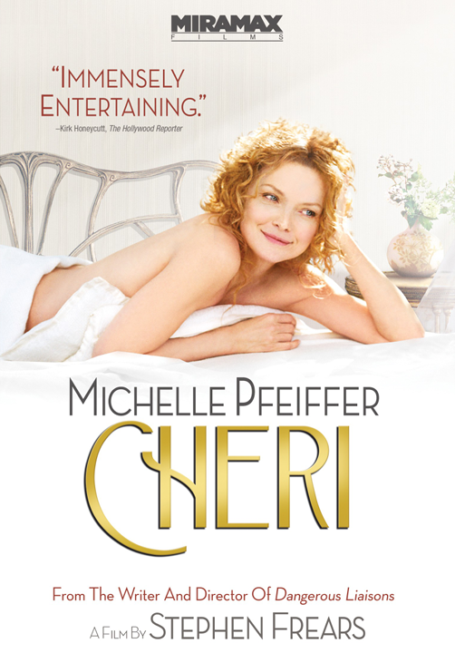 Screenshot from the comedy DVD "Chéri" featuring Michelle Pfeiffer and Rupert Friend, showcasing the movie cover art.