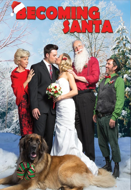DVD cover of "Becoming Santa," a comedy movie starring Laura Bell Bundy and Jesse Hutch, featuring holiday-themed imagery.
