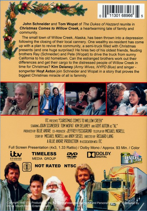 DVD cover of "Christmas Comes to Willow Creek" drama film starring John Schneider and Tom Wopat, featuring holiday-themed artwork.
