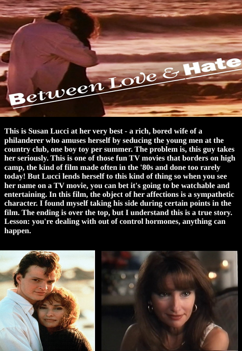 Screenshot from the DVD "Between Love and Hate," a crime film starring Susan Lucci and Patrick Van Horn, distributed by FilmClassics on DVD.