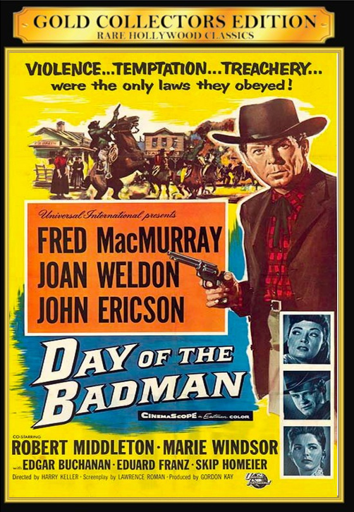 Screenshot from the Western DVD "Day of the Badman" featuring Fred MacMurray and Joan Weldon in a dramatic scene.