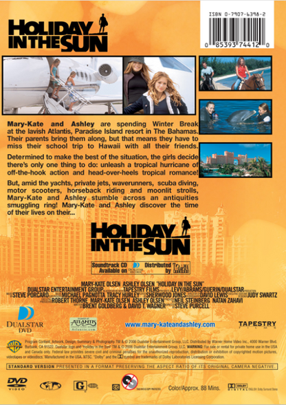 Family movie DVD "Holiday in the Sun" featuring Mary-Kate and Ashley Olsen, displayed on a DVD case with colorful cover art.