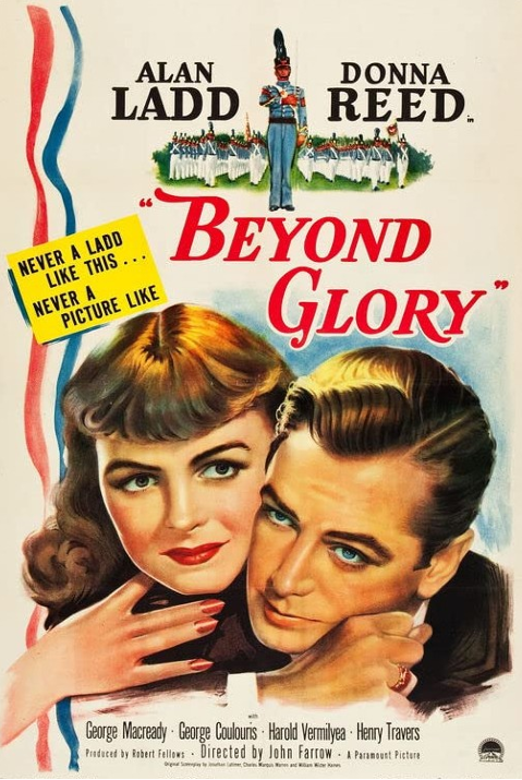 Screenshot from Beyond Glory DVD featuring Alan Ladd and Donna Reed in a dramatic movie scene.