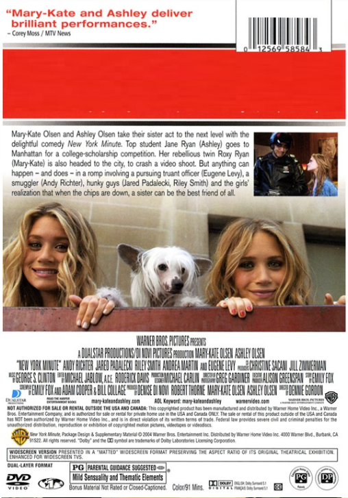 Screenshot from the New York Minute DVD featuring Mary-Kate and Ashley Olsen in the family comedy movie.