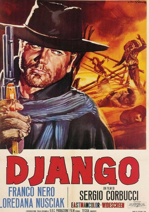 DVD cover of the Western film "Django" starring Franco Nero, featuring classic movie artwork and film title.