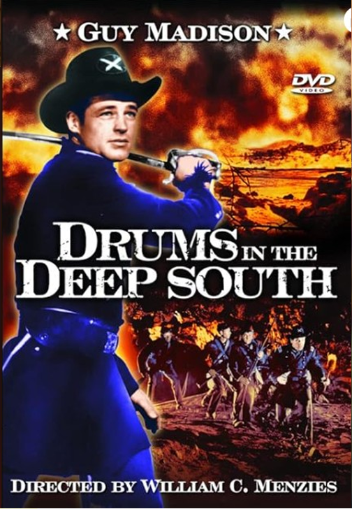Screenshot from Drums in the Deep South DVD featuring James Craig and Barbara Payton in a dramatic scene.