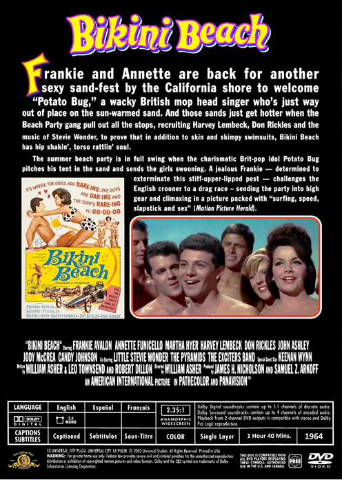 Screenshot from "Bikini Beach" DVD featuring Frankie Avalon and Annette Funicello in a colorful beach scene from the comedy movie.