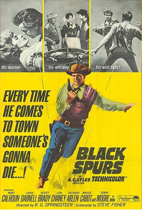 Black Spurs DVD cover featuring Rory Calhoun and Linda Darnell, drama movie from FilmClassics on DVD with vintage style artwork.