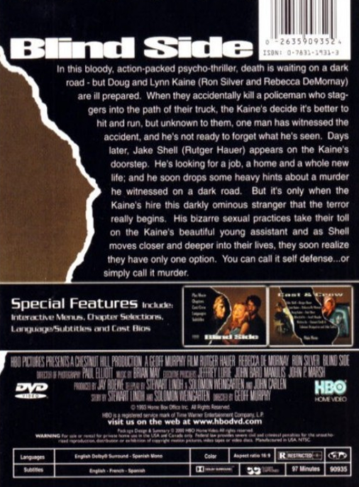 DVD cover of the thriller film "Blind Side" featuring Rutger Hauer and Rebecca De Mornay, from FilmClassics on DVD.