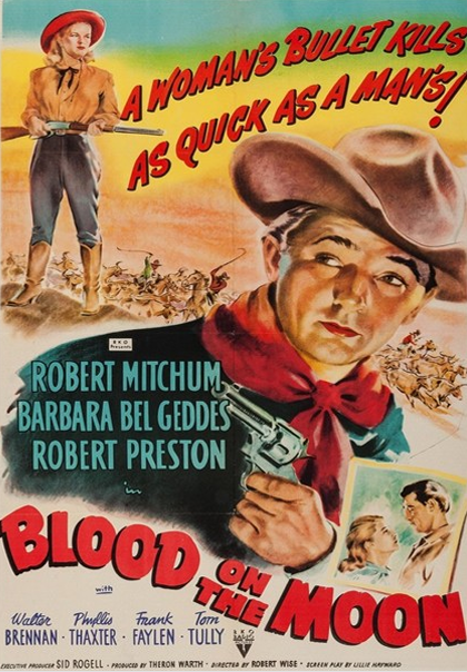 DVD cover of Blood on the Moon drama movie featuring Robert Mitchum and Barbara Bel Geddes from FilmClassicsOnDVD.