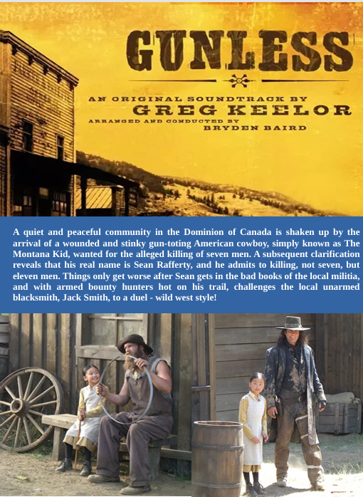 Gunless DVD comedy movie featuring Paul Gross and Sienna Guillory, showing a scene from the film with cast members.