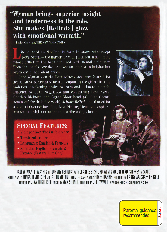 Screenshot of the movie Johnny Belinda DVD by Timeless Classic DVD, showing the film's cover art with main characters.