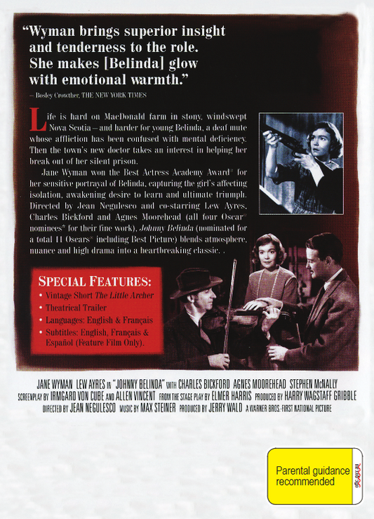 Screenshot of the movie Johnny Belinda DVD by Timeless Classic DVD, showing the film's cover art with main characters.