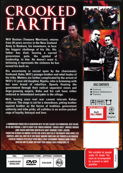 DVD cover of Crooked Earth drama featuring Temuera Morrison and Lawrence Makoare, showcasing the film's artwork and cast.