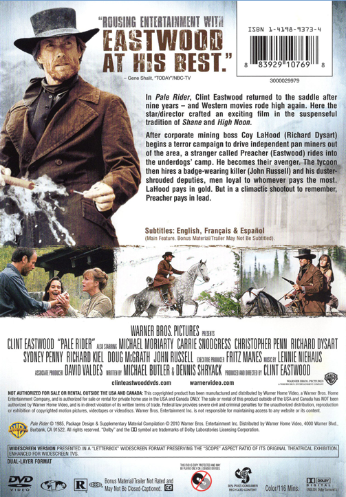 Screenshot from the Pale Rider DVD featuring Clint Eastwood as the Pale Rider in a dramatic scene from the movie.