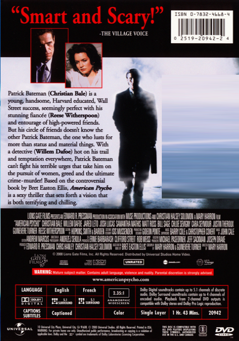 American Psycho DVD featuring Christian Bale and Justin Theroux, crime movie from FilmClassicsOnDVD with intense scenes.