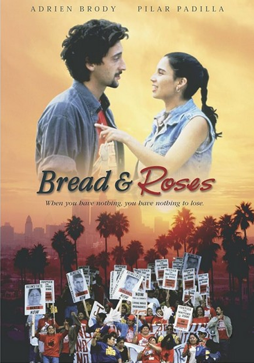 DVD screenshot of "Bread and Roses," a drama film featuring Pilar Padilla and Adrien Brody, showing characters and movie scenes.