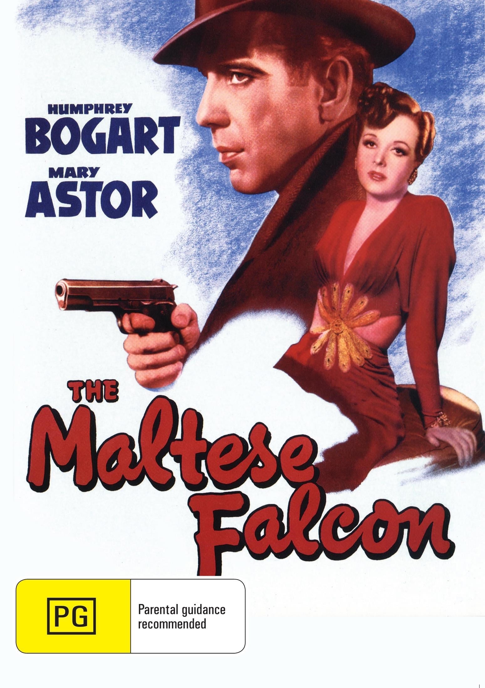 DVD cover of The Maltese Falcon featuring Humphrey Bogart and Mary Astor, a classic film noir in the romance genre.