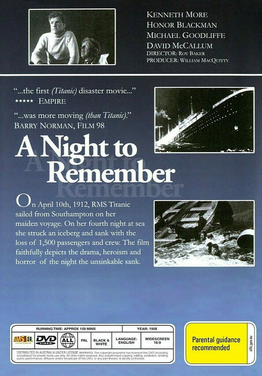 Buy Online A Night to Remember - DVD - Kenneth More, Ronald Allen | Best Shop for Old classic and hard to find movies on DVD - Timeless Classic DVD